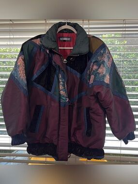 Vintage Mixed Blues Women's Burgundy Multi-Panel Puffer Coat